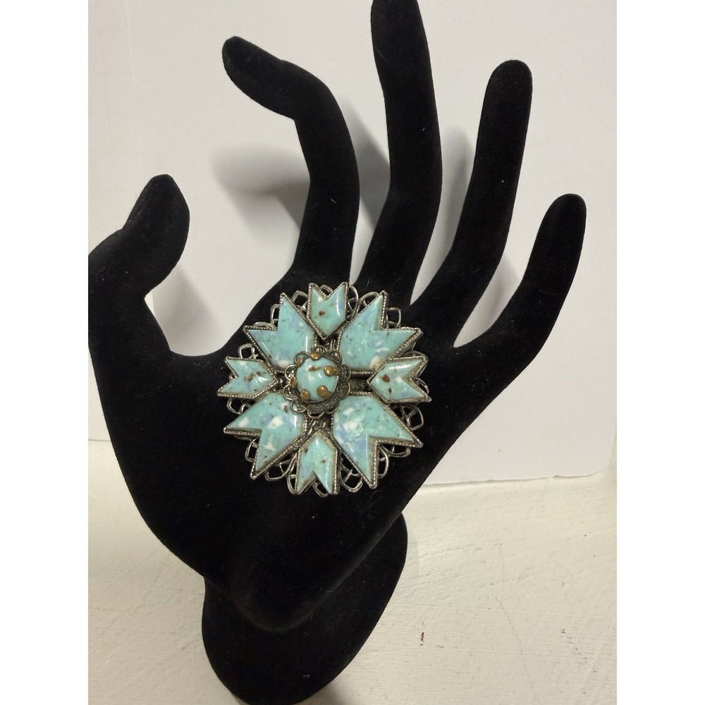 Vintage MCM Stunning Turquoise & Silver Tone Arrow/Flower Design Brooch